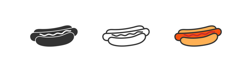 Hot dog icon on light background. Fastfood symbol. American meal, street food, sausage, bun, mustard, ketchup, takeaway, cafe. Outline, flat and colored style. Flat design. Vector illustration.