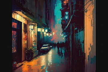 Fototapeta premium colorful alley at night illustration digital painting, background, illustration, generative ai