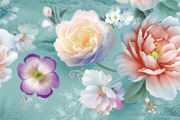 Watercolor flowers, roses, peonies, paisley