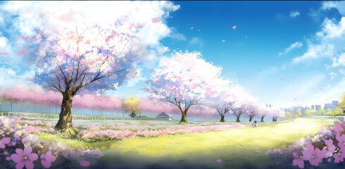 Fototapeta na wymiar Spring field, sunny day, blossom trees, sakura trees, cherry blossom, daisies field, illustrative background, wallpaper, romantic mood, nature