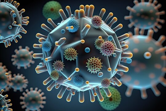 Coronavirus COVID-19 - Arri&egrave;re-plan de virus flottant - Virologie et Microbiologie 3D, background, illustration, generative ai