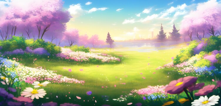Spring field, sunny day, blossom trees, sakura trees, cherry blossom, daisies field, illustrative background, wallpaper, romantic mood, nature
