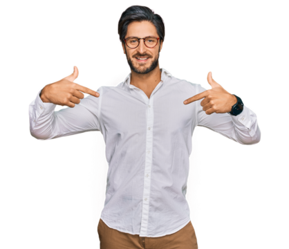 Young hispanic man wearing business shirt and glasses looking confident with smile on face, pointing oneself with fingers proud and happy.