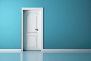 Closed White Door on Blue Wall Reflective Floor, background, illustration, generative ai