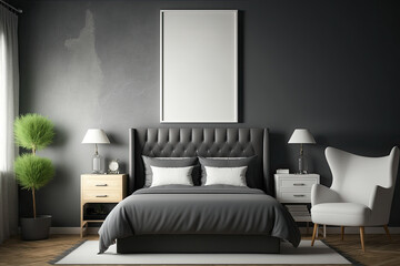 Stylish bedroom with gray wall and poster. Large comfy bed, plush leather chair. idea of a house. a mockup. Generative AI