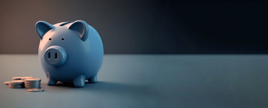 blue piggy bank with stack of coins and open space for text, logos and banners, saving money, financial plans, retirement plan, generative AI
