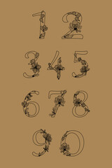 Spring alphabet. Designer's letter Decorative typeface with maple lionfish floral ornament. Linear image of a plant composition on the background of a figure. Environmental typography.