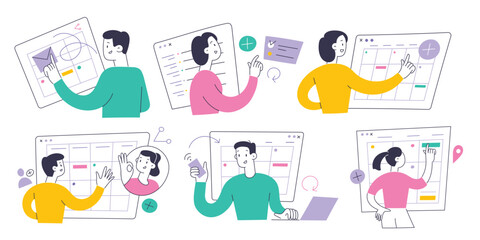 People use digital calendar, manage plans, tasks, and appointments, weekly scheduling, sync calendar on multiple devices, send invite, share tasks and to do lists, agenda app, flat vector illustration