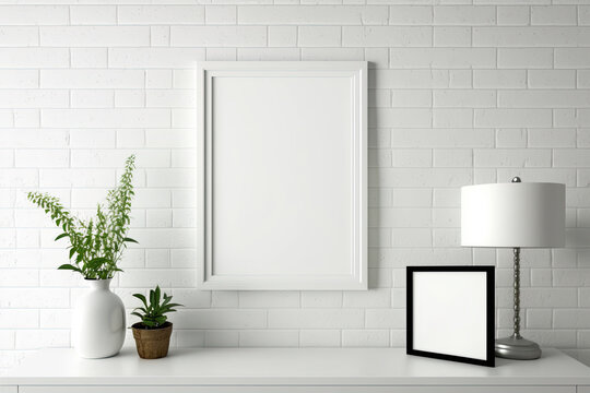 Empty horizontal picture frame on white brick wall in modern living room. Mock up interior in minimalist, contemporary style. Free space for your picture, poster. Wooden table, vase. Generative AI