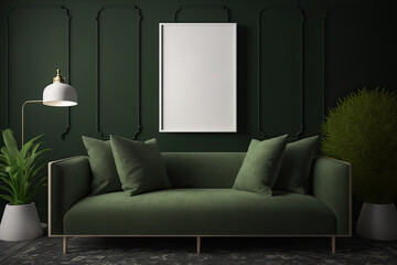 Dark toned wall mockup with a green sofa against a green wall. Generative AI