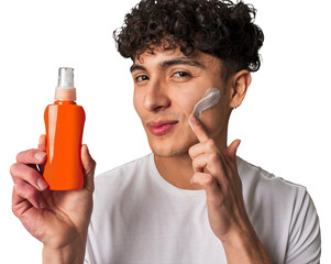 A young man protects his skin from harmful UV rays, applying non-greasy, broad-spectrum sunscreen...