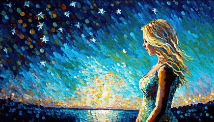 paint like illustration of a girl under starry night sky, Generative Ai