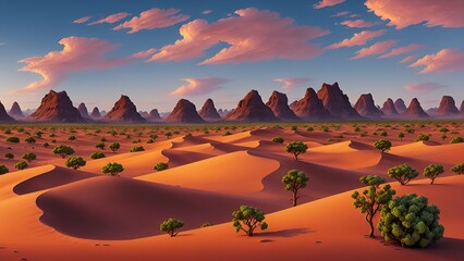 Fototapeta na wymiar sunset in the desert, fantasy cartoon landscape. RPG background, digital painting style. Generative AI
