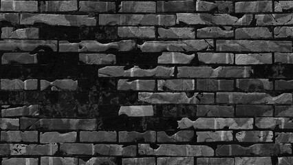 Destroyed black and white wall brick texture on isolated background. Material grunged rocks textured.