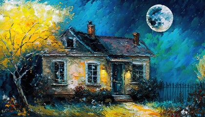 paint like illustration of house at night time, Generative Ai