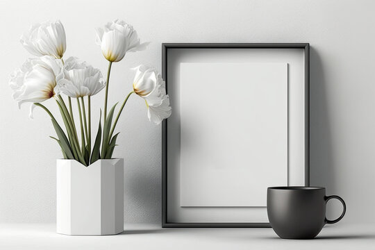 Mockup of a blank, black frame. White table with coffee cup and fresh flowers in a glass sphere vase made of white irises. a minimalistic white environment with an elegant feel. Generative AI