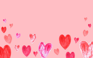 Watercolor red and pink hearts flying on pink background. Concept of design for Valentine&rsquo;s Day, Mother&rsquo;s Day and Women&rsquo;s Day. Suitable for postcards, invitations, mobile apps, banners and more.
