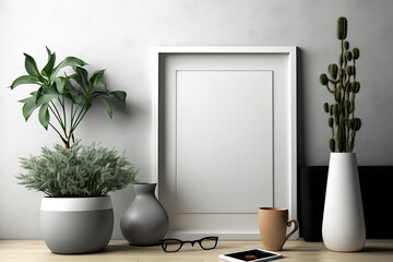 Mockup of a blank photo frame in a living room with built in interior décor and a plant in a pot. Generative AI
