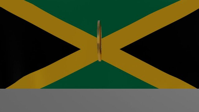 Bitcoin bouncing and spinning in front of Flag of Jamaica