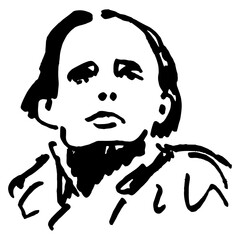 Portrait of a young man. Romantic hero. Hand drawn linear doodle rough sketch. Black silhouette on white background.