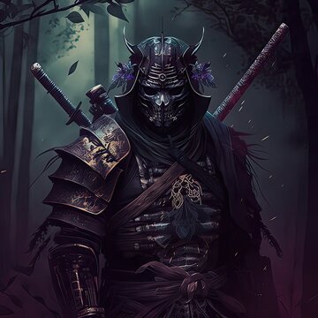 Samurai in a closed mask on a black background. Swordsmen Middle Ages Fantasy Samurai Armor Full Set High Definition Art Generative Artificial Intelligence