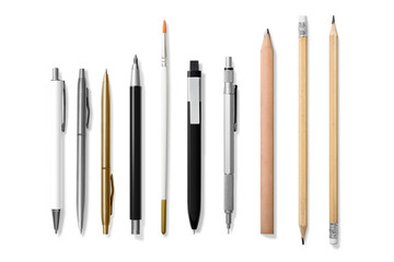 Collection of various pens, pencils, mechanical pencils, brushes and markers  isolated on a...
