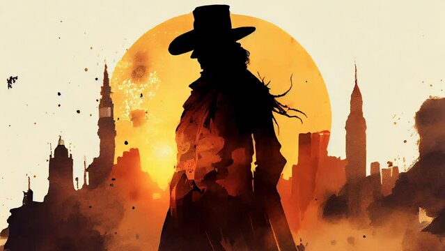 The video animation of a cowboy on the village with the sunset on the background AI generated