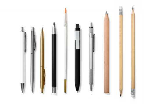 Collection of various pens, pencils, mechanical pencils, brushes and markers  isolated on a transparent background, PNG. High resolution.

