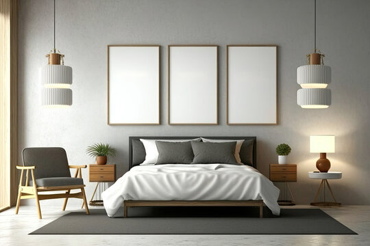 Bedroom interior with three empty canvas, two pendant lights, a chair, a rug, a wooden bed with bedside tables, a grey wall and a concrete floor. A concept of modern hotel design. Generative AI