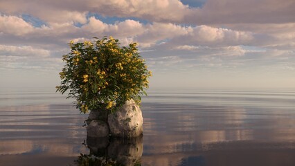 Fototapeta na wymiar tree on an island in the middle of a lake. beautiful landscape, 3D illustration, cg render