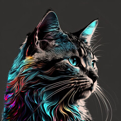 black cat portrait, colorful bold cat, beautiful cat