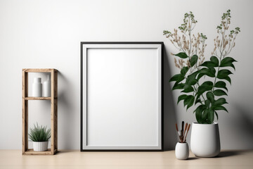 Mockup of an interior poster with a vertical wooden frame on a white background. Generative AI