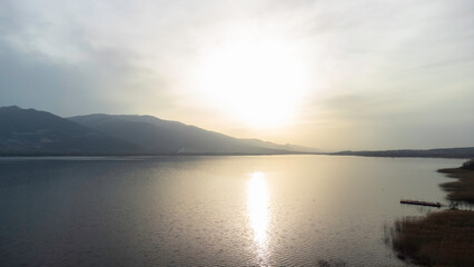 Lake Sapanca in Sakarya Turkey. Lake water level decreased due to drought. Aerial view of lake. Drone view Selective focus included. Noise and grain included.