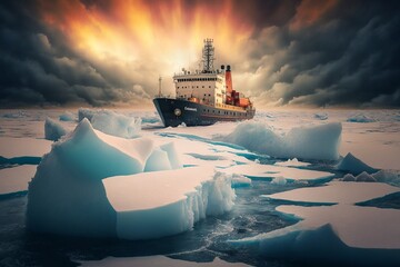 Icebreaker ship in the Arctic Ocean with beautiful sky, generative, AI