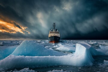 Ship in the Arctic Ocean, beautiful stormy sky, generative AI