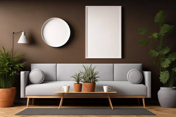 Mockup posters templates on brown wall above sofa in living room interior with parquet floor and grey carpet. Coffee table with dishes on a plate, plant in the pot, no people. Generative AI