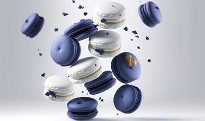  a bunch of blue and white macaroons flying in the air.  generative ai