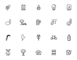 Eco friendly related thin line icon set in minimal style. Linear ecology icons. Environmental sustainability simple symbol. Lines with editable stroke