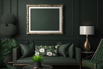 Mock up frame in dark green home interior,. Generative AI