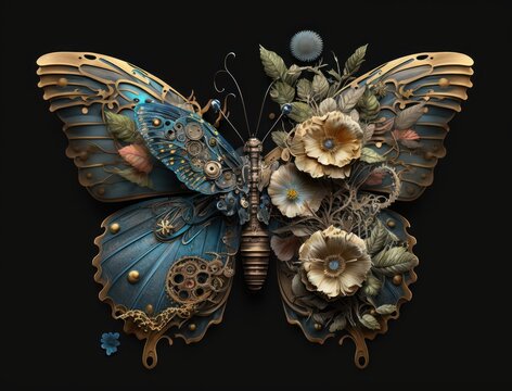 Abstract fantasy colorful mechanical  butterfly background created with Generative AI technology