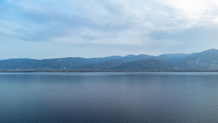 Lake Sapanca in Sakarya Turkey. Lake water level decreased due to drought. Aerial view of lake. Drone view Selective focus included. Noise and grain included.