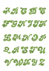 Eco decorative font from nature elements. Plant alphabet. Unusual letters from A to Z from the leaves and acorns of the common oak.