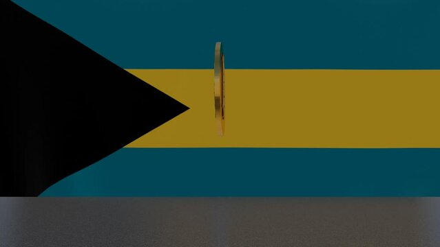 Bitcoin bouncing and spinning in front of Flag of The Bahamas