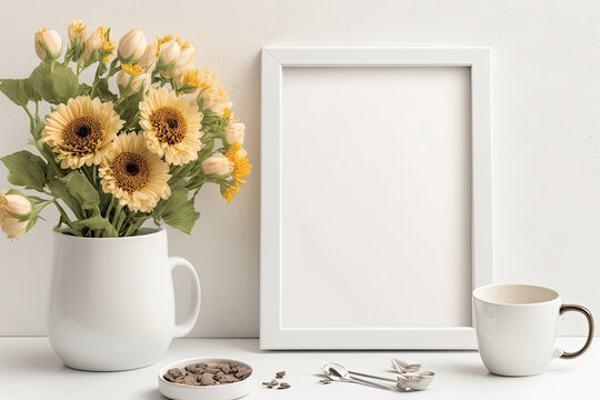 Mockup of picture frame decorated flowers in vase and coffee cup on white table with clean space for text and design your blogging. Generative AI