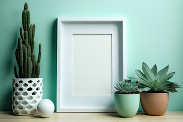 Modern room decoration with Picture frame mockup. White shelf against pastel turquoise wall with hand putting down potted snake plant. Generative AI