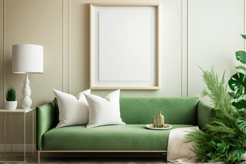Poster frame mock up in bright home interior, gallery wall mockup, , illustration. Generative AI