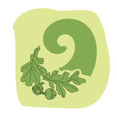 Decorative typeface with a floral ornament made of leaves and acorns of the common oak. Unusual forest alphabet. Environmental typography.