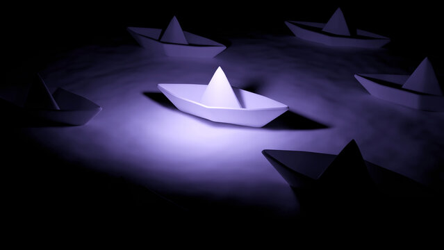 Dark background with orange and purple light. Design. Water on which there are paper boats in animation.