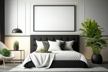 Horizontal poster mockup with black frame in modern style bedroom interior with gray bed, plant and empty beige wall background. , illustration. Generative AI