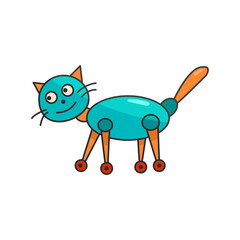 Robot cat on wheels in cartoon style. Friendly smiling creature. Isolated vector image.
